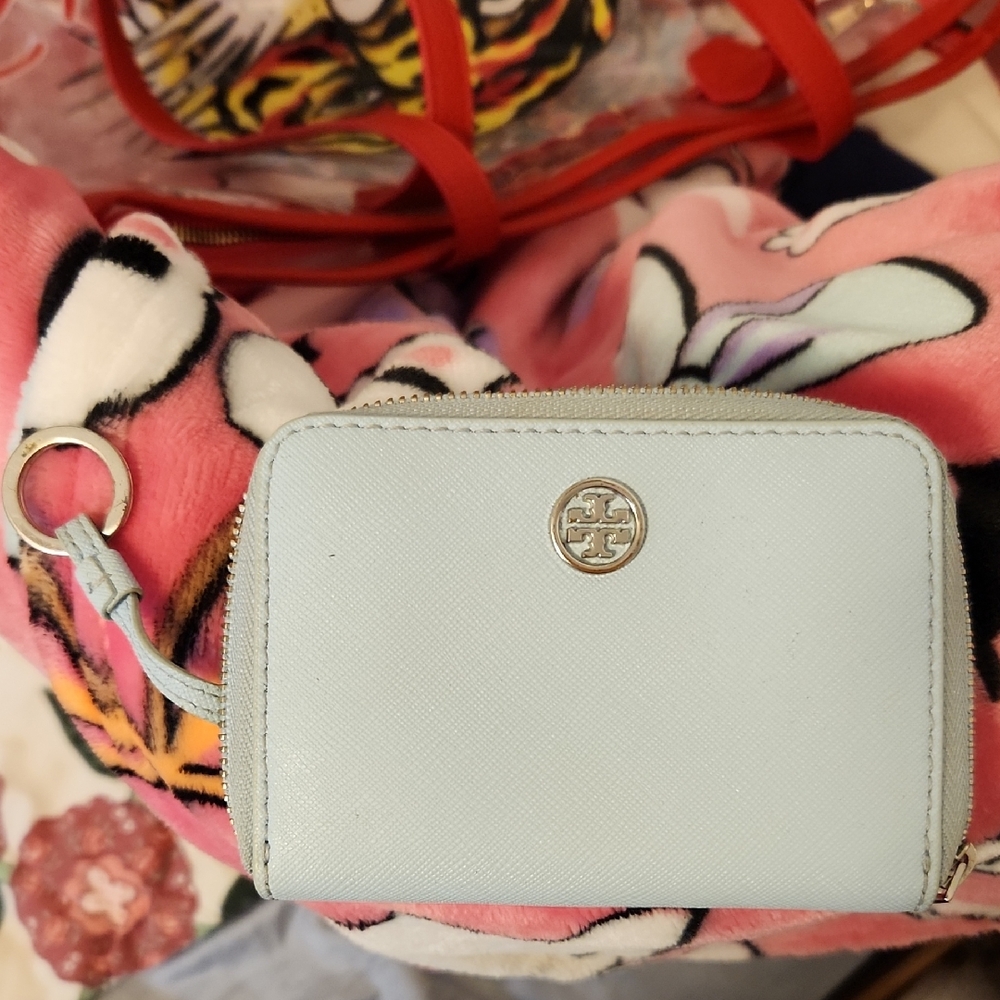 Tory Burch Sky Blue Small Zip Wallet With Key Ring